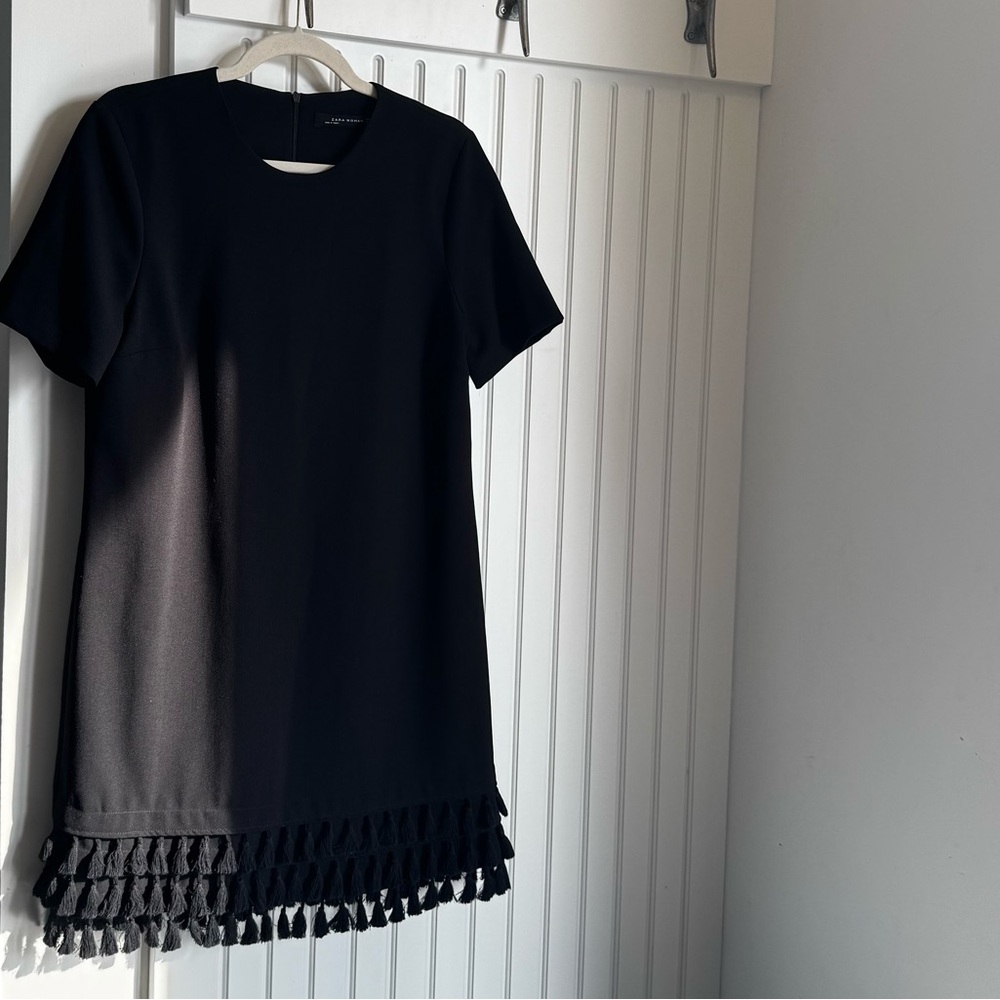 Zara Black Minimalist Elegant Short Sleeve Dress w/ Tassel Trim Sz M Scandi Goth